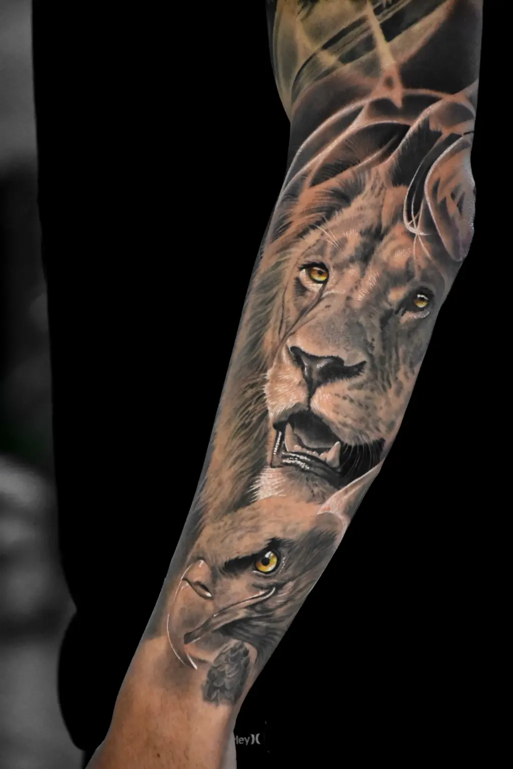 Tatuagem realista de leão e águia